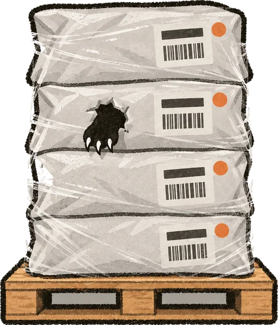 A wrapped pallet of bags with one clawed paw poking through